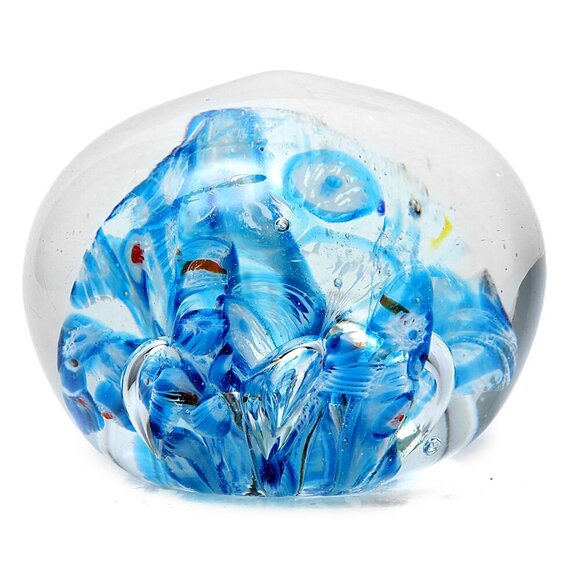 Vintage Art Glass Paperweight Blue Swirl Blue White Orange Retro Clear - Picture 1 of 9